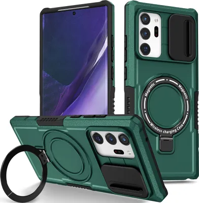 Produktbild von Handyhülle für Samsung Galaxy Note 20 Ultra 5G Kompatibel mit MagSafe, Robuste Hülle mit Schiebe Kamera Schutz, Magnetischer Ringständer Dunkelgrün