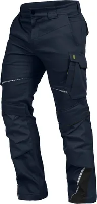 A pair of navy blue work pants with cargo pockets and reflective detailing.