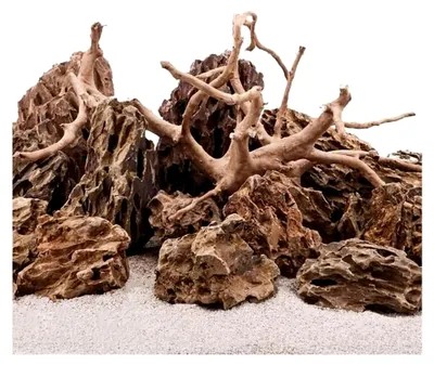 Produktbild von Drachensteine Set mit Wurzel I Natursteine Mix 5kg und Moorkienwurzel M I Aquascaping Gestein I Felsen Dekoration I Rückwand