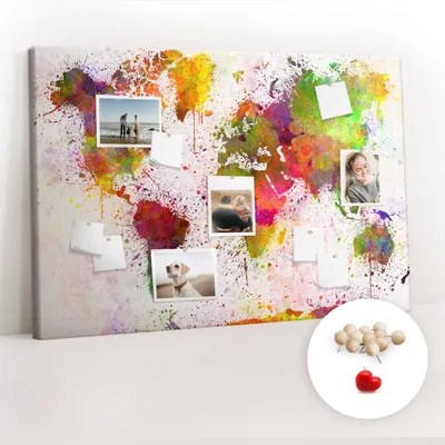 Obrázek produktu pro Korková nástěnka s kolíčky - Tabule s kolíky pro fotografie a poznámky - 120x80 cm - Připínáčky dřevěné 100 kusů - Akvarelová mapa světa