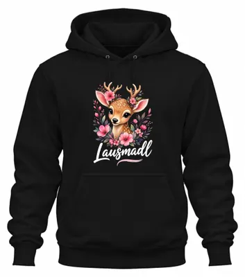 Immagine prodotto di Maglione con stampa di cerbiatto, fiori, animali del bosco, stile tradizionale, pantaloni in pelle, felpa con cappuccio, colore nero, taglia L