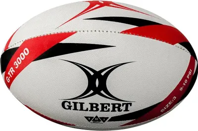 A Gilbert rugby ball with red and black accents on a white background.