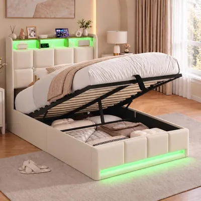 Produktbild von INONEFT Boxspringbett Polsterbett 90 x 200 cm, Hydraulisches Stauraumbett mit Stauraum, Einzelbett mit USB und LED, Jugendbett, Leinen, Beige