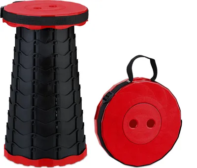 Produktbild von Relaxdays Teleskophocker, faltbar, Tragegurt, Outdoor, höhenverstellbarer Campinghocker, HBT 44,5x25x25 cm, rot/schwarz