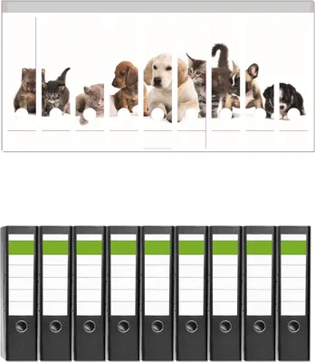 Produktbild von Wallario 9 Stück breite Ordner inkl. Klebeetiketten mit Motive Hundewelpen und Katzenjunge -  Set mit Rückenschildern / Ordnerrücken Stickern