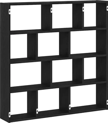A black bookshelf with multiple compartments against a white background.