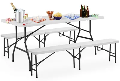 Productafbeelding van Biertafel set - 180 cm - Inklapbaar - Kunststof - Voor 8 personen