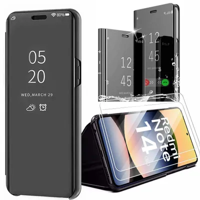 Image de Coque + 2 Verres Trempés pour Xiaomi Redmi Note 14 5G, Protection Effet Miroir Protection Renforcée - Noir