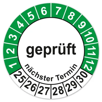 Testaufkleber 30 mm, Vinyl, selbstklebend, wasserfest, 2025–2030, 100 St.