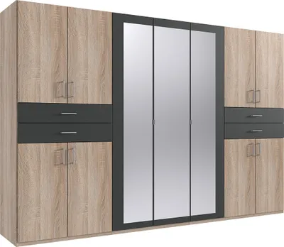 Produktbild von Kleiderschrank mit Spiegel, 313 cm breit modern in Eiche sägerau mit graphit TREVISO-43