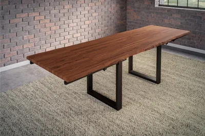 Produktbild von Esstisch Baumkante Akazie nougat 220(320)x100 Ansteckplatten schwarz BARCELONA