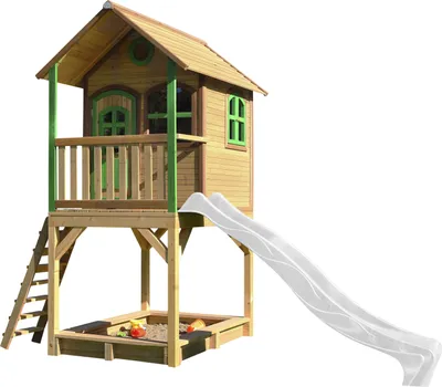 Produktbild von AXI Spielhaus Sarah mit Sandkasten & weißer Rutsche | Stelzenhaus in Braun & Grün aus Holz für Kinder | Spielturm mit Wellenrutsche für den Garten