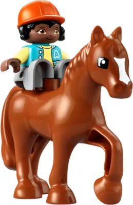 A LEGO DUPLO figure of a child riding a brown horse.