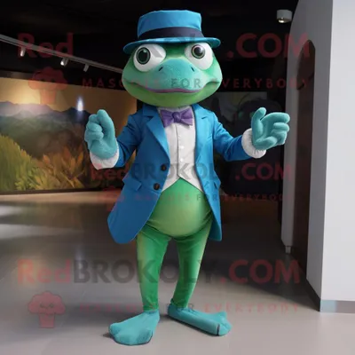 Produktbild von Blaugrüner REDBROKOLY Frosch Maskottchen Kostüm charakter bekleidet mit Anzughose und Kummerbund