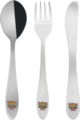 Produktbild von Orion Kinderbesteck Löffel Gabel Messer 3-teilig aus Stahl robust mit Katzendekor