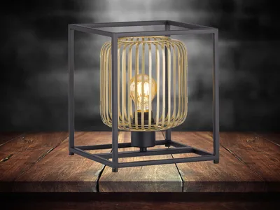 Produktbild von Ausgefallene kleine Tischlampe Schwarz Gold Lamellen Lampenschirm & LED dimmbar