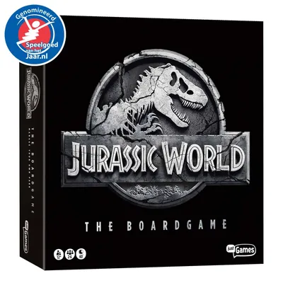 The image shows the front and side of the Jurassic World board game box, with a prominent logo and title.