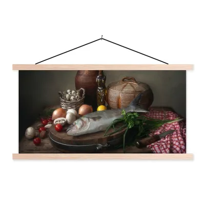 Produktbild von MuchoWow® Textilposter Rustikal - Fisch - Stilleben - Gemüse - Kräuter 120x60 cm mit holzfarbenen Rahmen - Klemmleiste