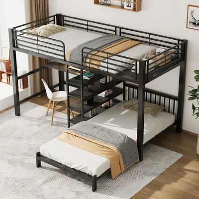 Zdjęcie produktu dla Kompaktowe łóżko piętrowe z żelaza, 2 miejsca do spania, biurko, USB/Type-C, półki, półka przy wezgłowiu, 90x200cm, czarne (bez materaca)
