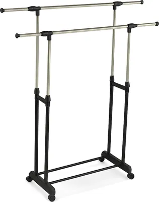 Image de Porte-manteaux Relaxdays, à roulettes, double tringle réglable, hauteur 85-148 cm, largeur 85-141 cm, argent/noir