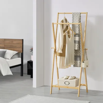 Image de Portemanteau Keitele 150 x 60 x 42 cm Portemanteau ouvert avec étagère et crochets latéraux Bambou naturel