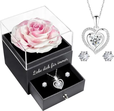 Image de Coffret cadeau Rose éternelle pour femmes, roses conservées avec bijoux, blanc+rose