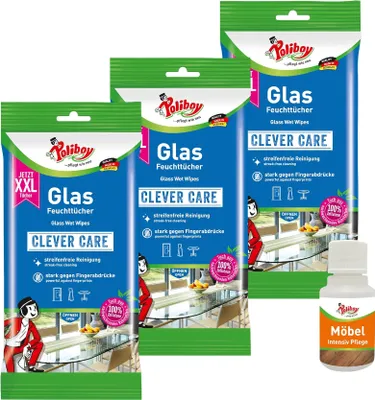 Produktbild von Poliboy 3er Glasfeuchttücher - inklusive Möbel Probe - für Glasflächen - 1602401