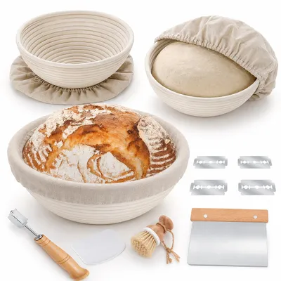 Produktbild von Gärkörbchen Set 10-teilig aus Natur-Rattan, Brotbackkorb Set mit 3 Größen, Leinentüchern & Zubehör für Sauerteigbrot