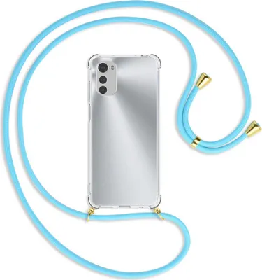 Produktbild von Handykette Backcover-Schutzhülle mit Band (Metall goldfarben) für Motorola Moto E32, Moto E32s - himmelblau