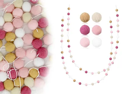 Filzbälle Pompom Girlanden, 2 Stück, 60 Pompons, Rosa, 2 m