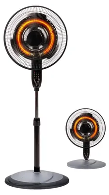 A black and gray electric fan heater with an orange glowing heating element is shown against a white background. A smaller version of the same product is visible in the background.