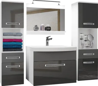 Image de BELINI Meubles de salle de bains Set complet armoire de toilette, 2x armoire haute, lavabo, miroir, lampe (gris / gris, brillant et mat)