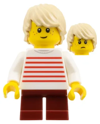 Image de LEGO Minifigurine garçon - Cheveux bruns, chemise à rayures rouges, jambes rouge foncé (fst053) – neuf