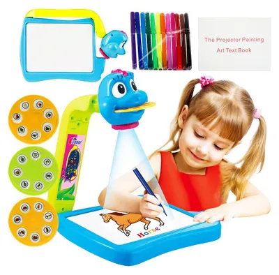 A young girl is using a drawing projector to trace a horse onto a piece of paper. The projector is a toy with a blue cartoon character head and a light beam. There are also marker pens and projection discs shown.