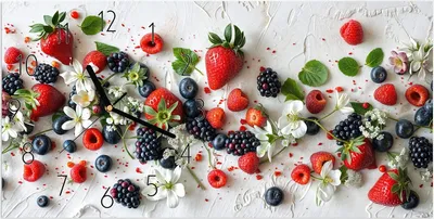 Produktbild von Wanduhr aus Glas mit Motiv Bunte Beeren- 60 x 30 cm - inkl. Aufhängesystem