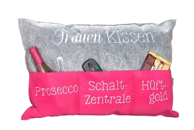 Produktbild von Gilde Frauenkissen hellgrau magenta mit Taschen, bestickt Prosecco Schaltzentrale Hüftgold , 100% Polyester L= 40,0 cm B= 60,0 cm H= 10,0 cm 45517