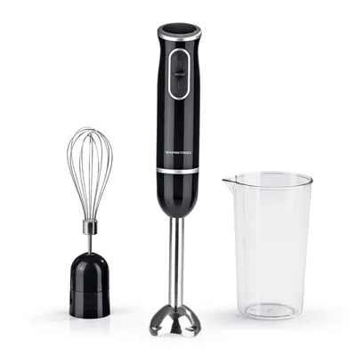 A black and silver hand blender with a whisk attachment and a clear measuring cup, all set against a white background.