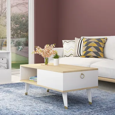 A living room scene with a couch, coffee table, and window.