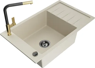 Produktbild von Mexen Elias Granitspüle 1-Becken mit Abtropffläche und Küchenarmatur Flora, beige - 6511-69-670401-57-B