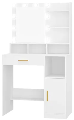 Imagen del producto de Tocador - Mesa de maquillaje - Con espejo - 10 luces LED - 3 estantes - 4 compartimentos abiertos - Cajón grande - Blanco