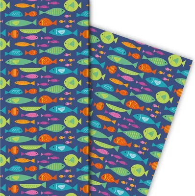 Produktbild von Lustiges Sommer Geschenkpapier mit Fischen auf blau - G7509, 32 x 48cm