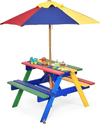 Imagen del producto de Conjunto de muebles de madera para niños, juego de muebles para niños con sombrilla, mesa de picnic para niños con protección UV e impermeable, mesa y banco de jardín, juego de muebles para niños, muebles de jardín para exteriores (de colores)