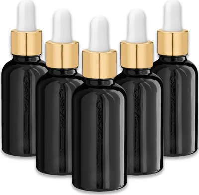 Produktbild von 5x Schwarze Glasflasche 30 ml mit goldener Pipette Apothekerflasche