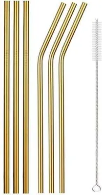 Zdjęcie produktu dla Metalowe słomki ze stali nierdzewnej - Metalowe słomki - Koktajle - Napoje - Ekologiczne i zrównoważone - Zestaw 6 słomek + szczoteczka do czyszczenia - Złote