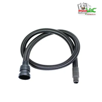 A black vacuum cleaner hose is coiled on a white background with a logo in the top right corner.