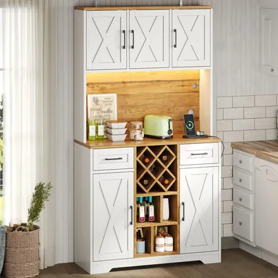 Produktbild von MODFU Küchenschrank mit Arbeitsplatte,Hochschrank 105×40×180cm,Multifunktionaler Sideboard mit LED-Vitrine,Steckdose,Weinregal und 2 Schubladen,Weiß