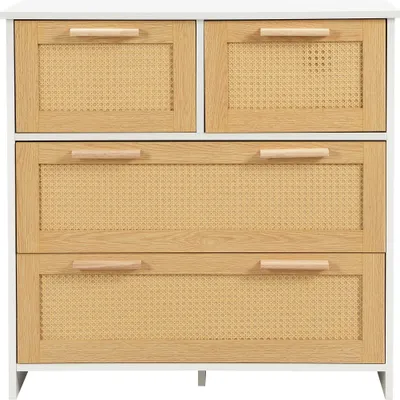 Produktbild von Merax Kommode mit Rattandekor, Sideboard mit 3 Klappen, Tür und Schublade, Schuhschrank Schuhkipper Schrank, 90x125x17cm, Natur