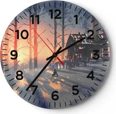 Produktbild von Wanduhr - Rund - Glasuhr - Winter Wald Hütte - 40x40cm - Schleichendes Uhrwerk - Lautlos - zum Aufhängen bereit - Dekoration Modern - Wanddekoration aus Glas - C4AR40x40-3854