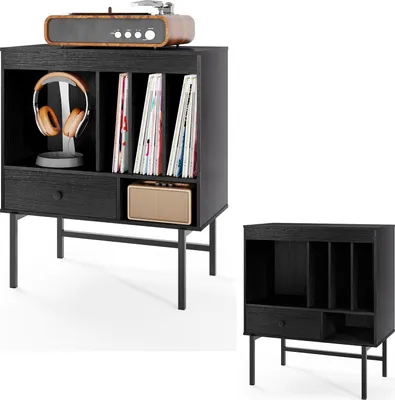 Produktbild von KOMFOTTEU Plattenspielerständer mit offenen Fächern, Schallplattenhalter mit Schublade, Albumhaltern, Präsentationsregal 70 x 36 x 80 cm, Plattenhalter für Büro, Wohnzimmer (Schwarz)