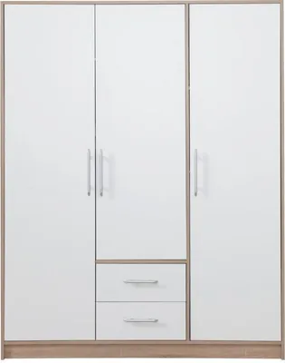 Produktbild von 150 cm breiter Kleiderschrank mit 3 Türen, 6 Fächern und 2 Schubladen | Farbe: Weiß | Tiefe: 56 cm
